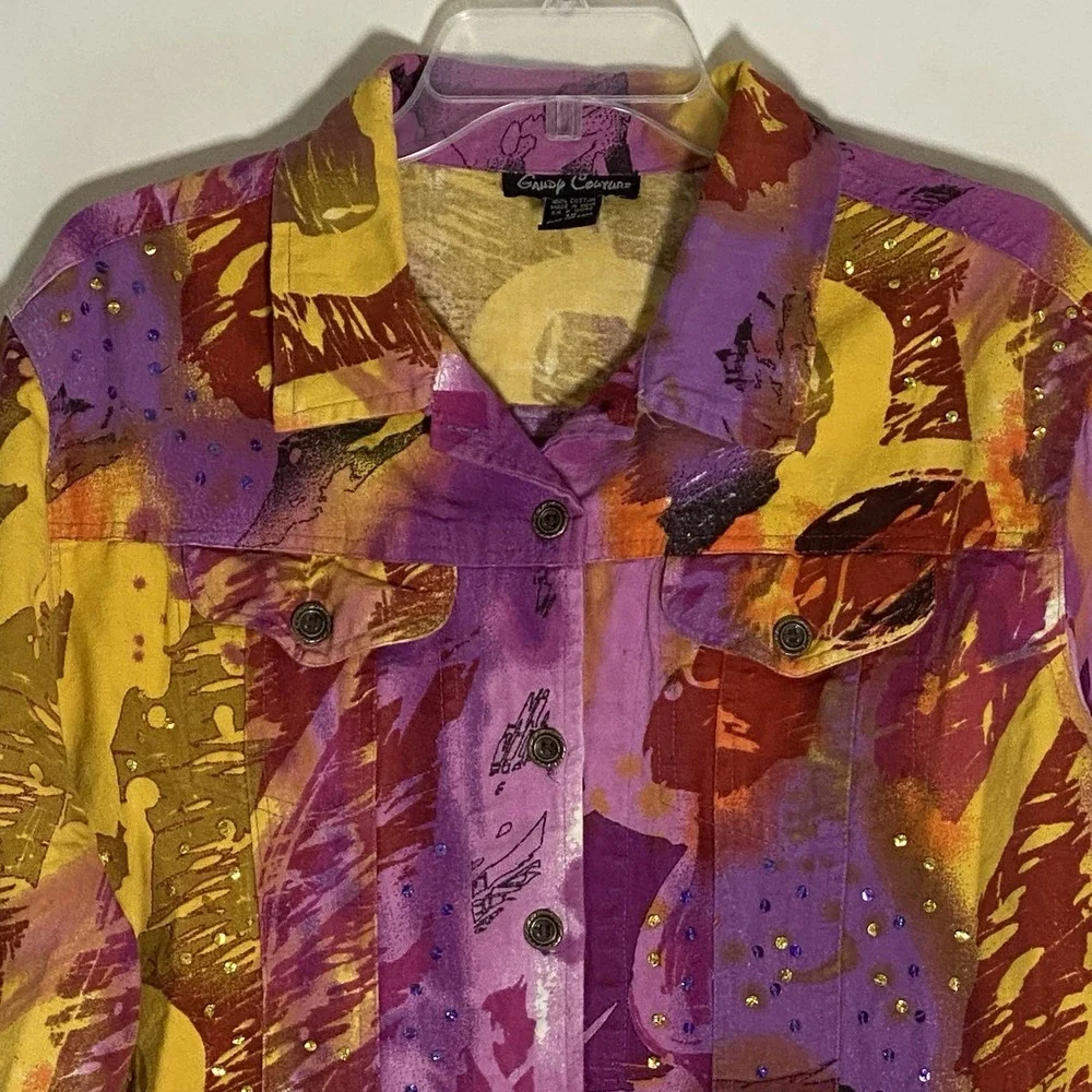 Gaudy Couture Denim Jacket‎ Womens 1X Purple Yellow Embellished Artsy Eclectic